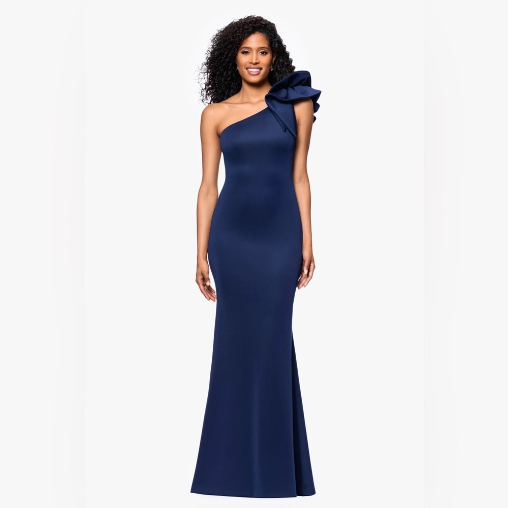 Betsy & Adam Navy One Shoulder Bow Ruffle Formal Gown NWT SZ 8 MOB GALA PARTY